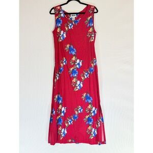 Vintage DNLA Women Medium Dress 90s Red Tropical Hawaii Floral Maxi Sleeveless‎